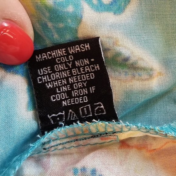 New TOLANI Vittoria Aqua Floral 3/4 Sleeve Boho Tie Waist Hankerchief Hem Blouse - Picture 7 of 10